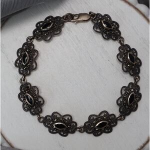 Art Deco Sterling Silver Black Onyx & Marcasite Chain Bracelet 11.19G / 7.5in